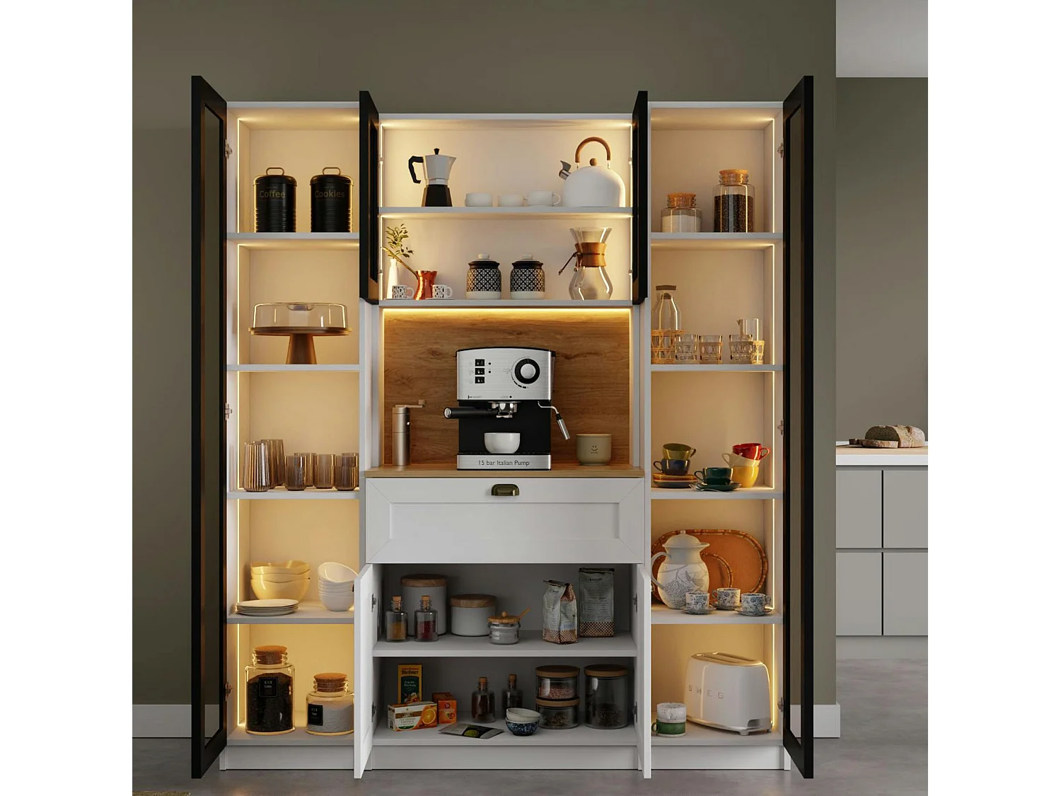 Vaisselier de cuisine à LED 6 portes décor blanc et noir AURA
