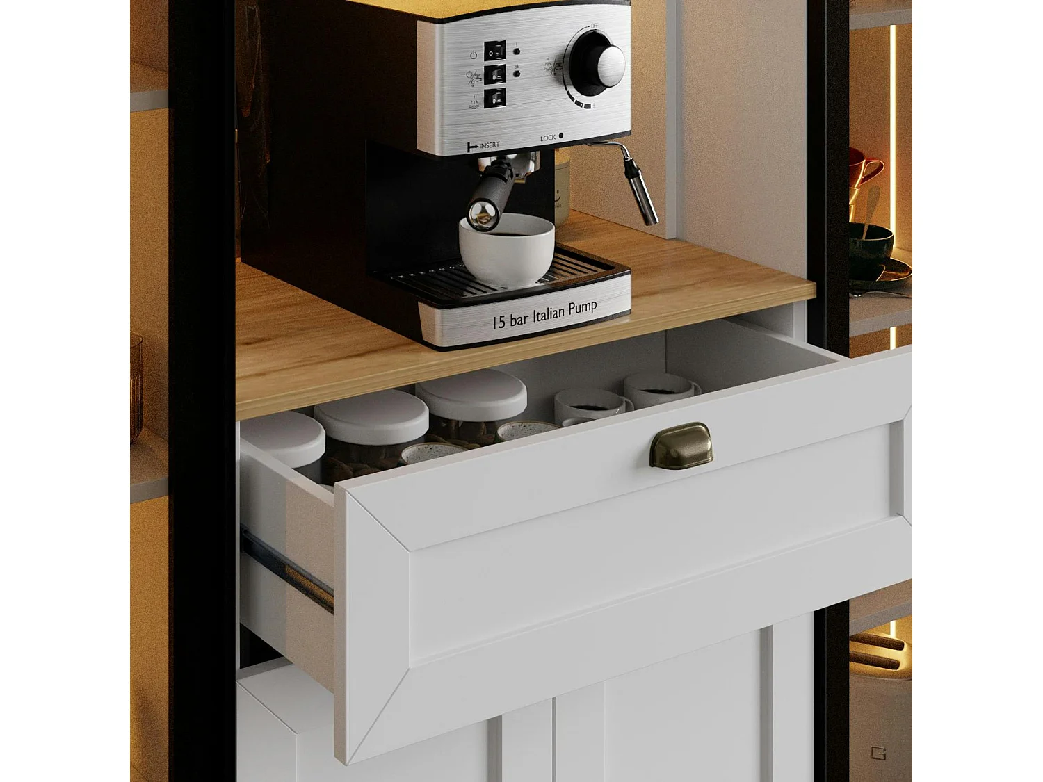 Vaisselier de cuisine à LED 6 portes décor blanc et noir AURA
