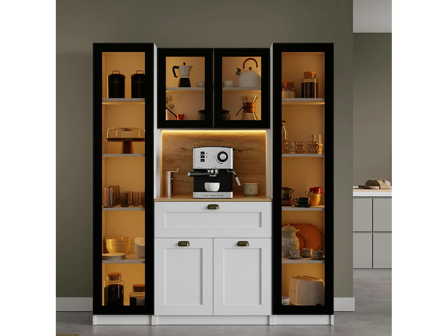 Vaisselier de cuisine à LED 6 portes décor blanc et noir AURA