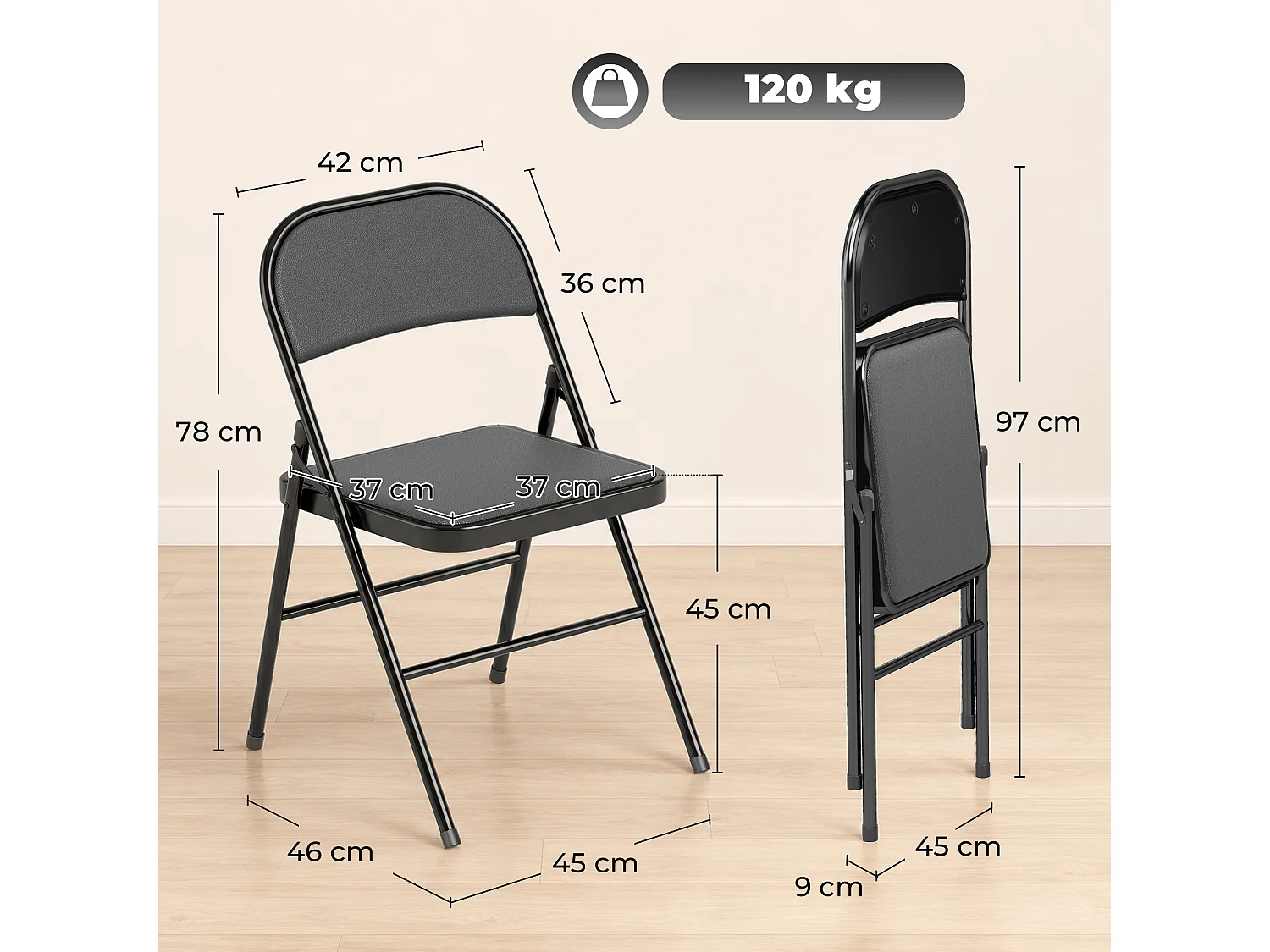 Lot de 4 chaises pliantes assise dossier rembourrés acier synthétique noir