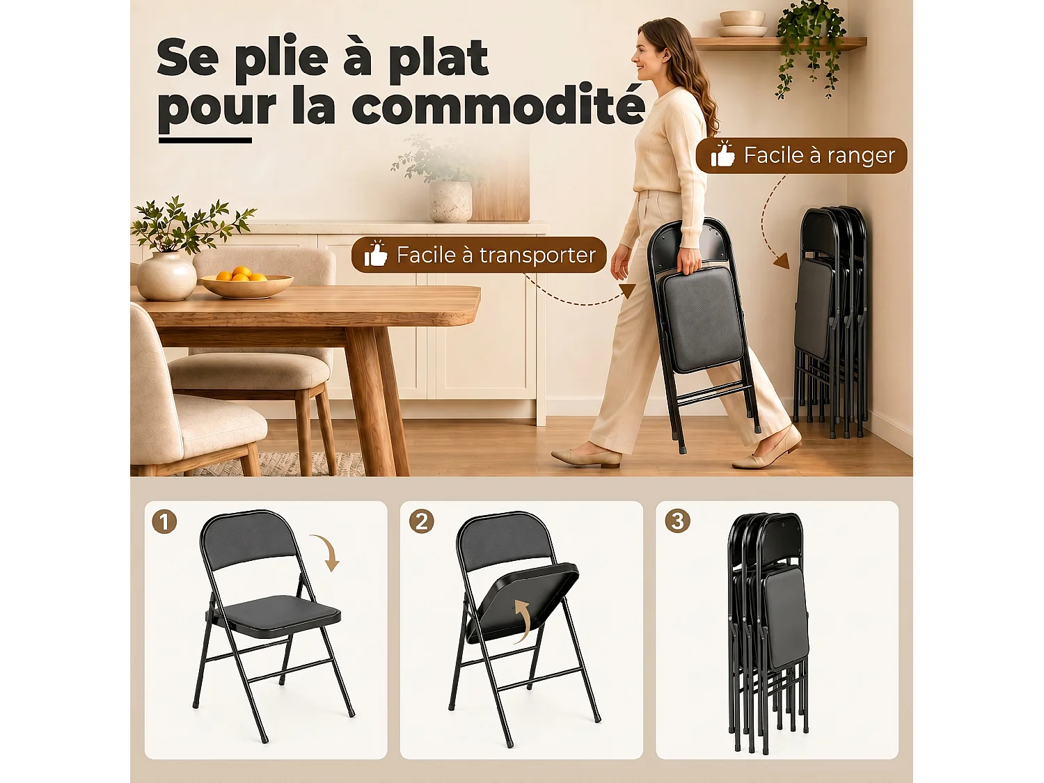 Lot de 4 chaises pliantes assise dossier rembourrés acier synthétique noir