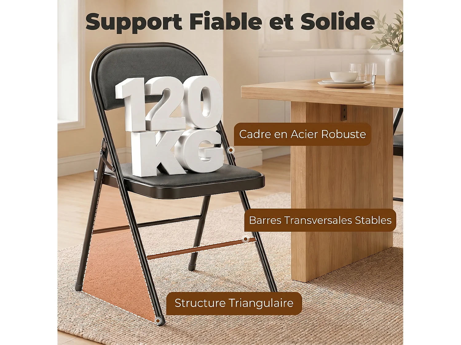 Lot de 4 chaises pliantes assise dossier rembourrés acier synthétique noir