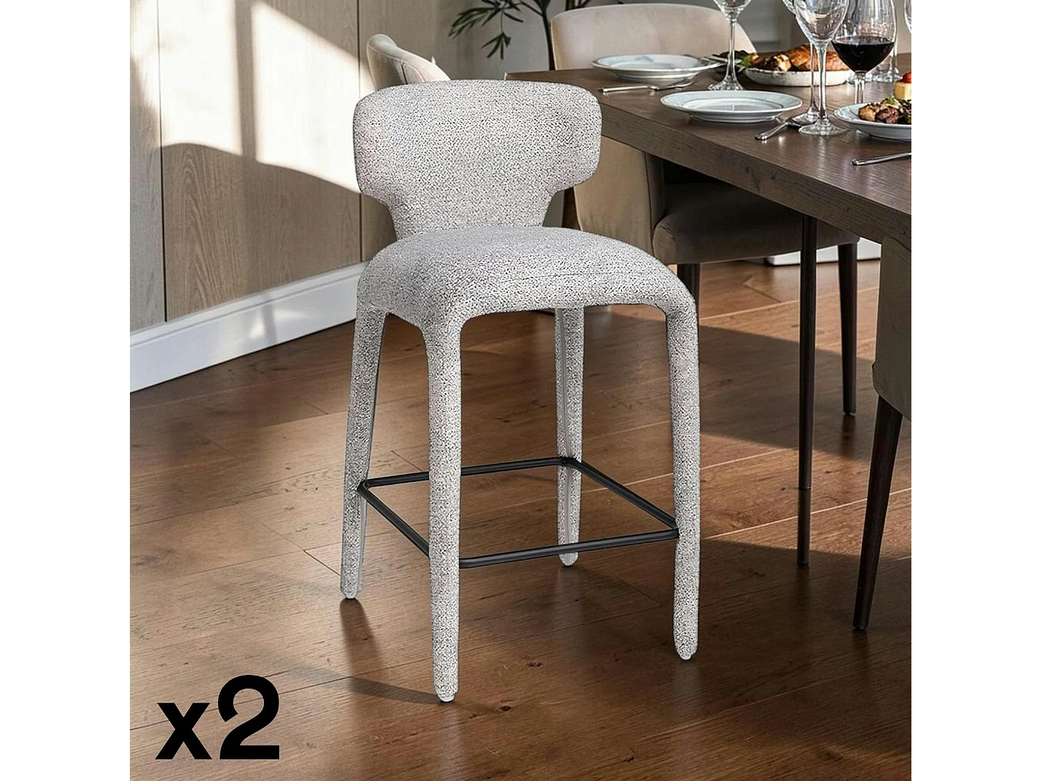 Tabouret de bar design en tissu gris avec dossier (x2) TULSA