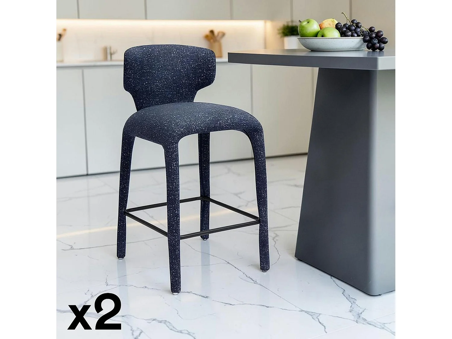Tabouret de bar design en tissu bleu avec dossier (x2) TULSA