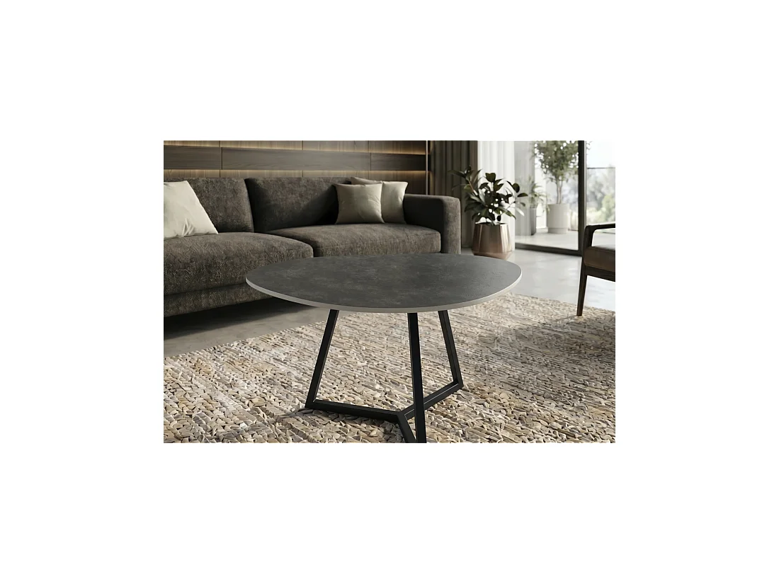 Table basse PETRANO 70 cm en céramique gris anthracite et métal noir – Forme organique