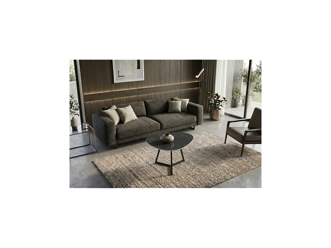 Table basse PETRANO 70 cm en céramique gris anthracite et métal noir – Forme organique
