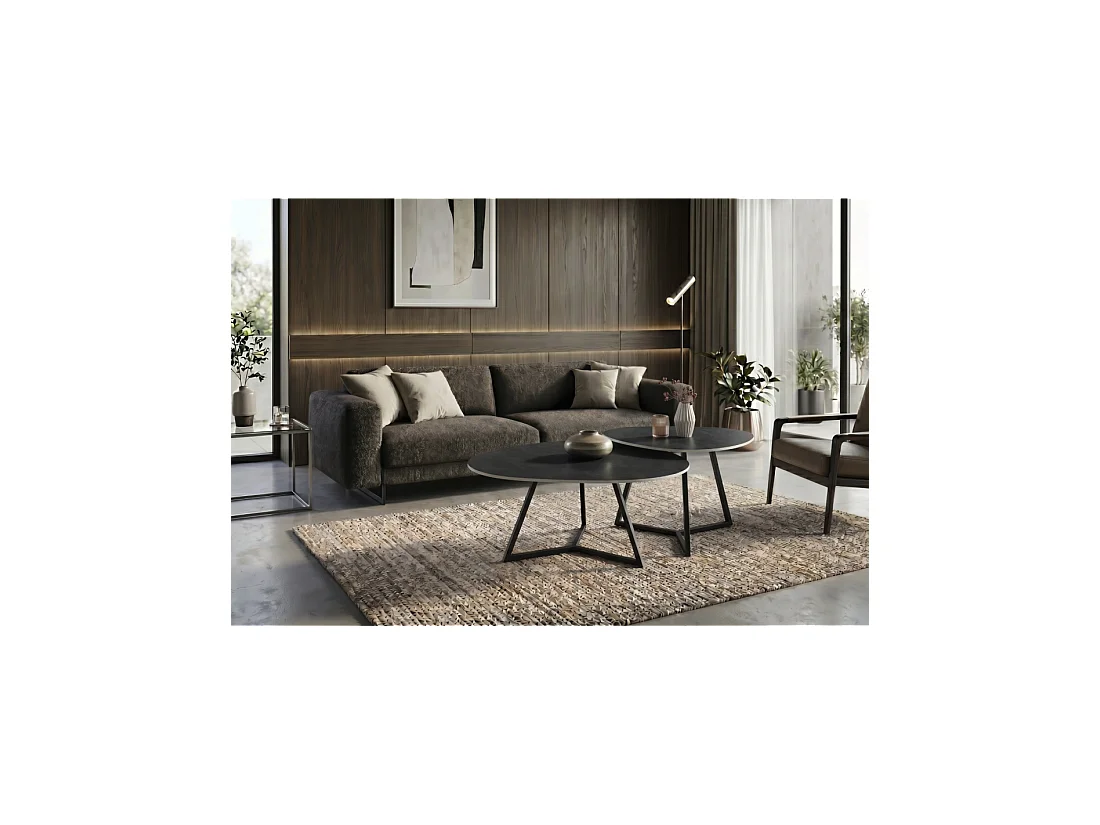 Table basse PETRANO 70 cm en céramique gris anthracite et métal noir – Forme organique