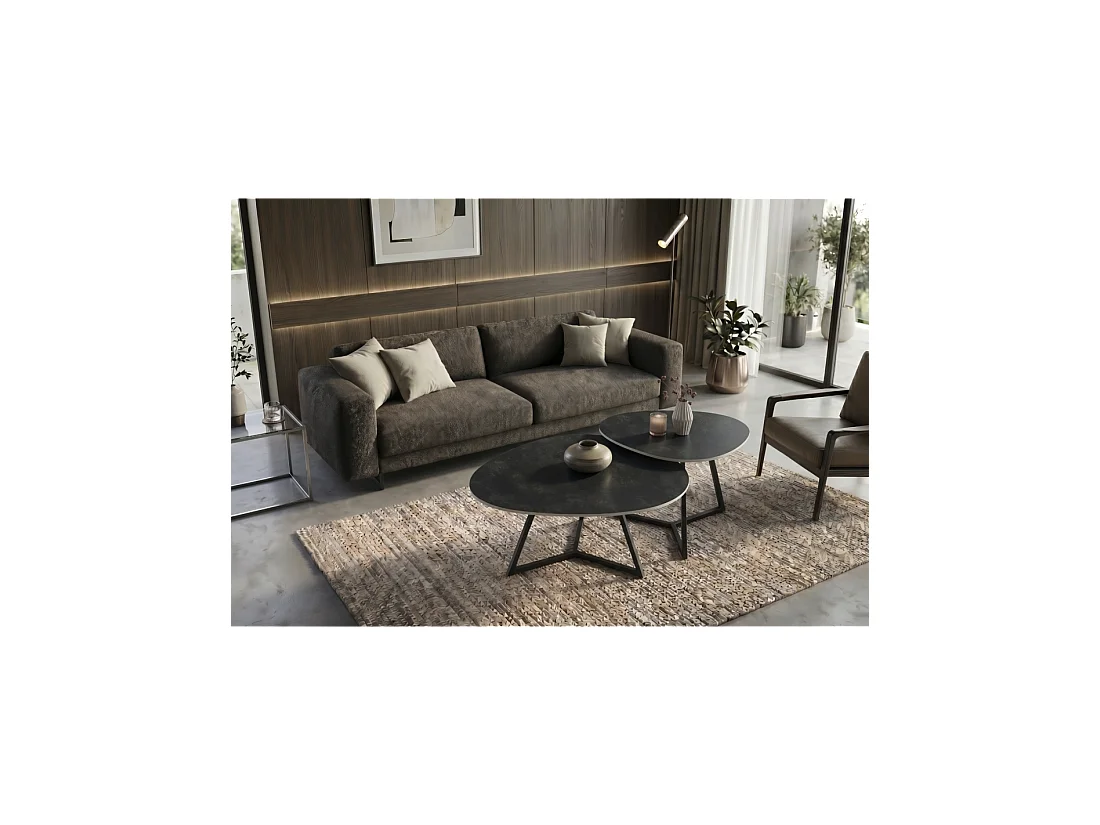 Table basse PETRANO 70 cm en céramique gris anthracite et métal noir – Forme organique