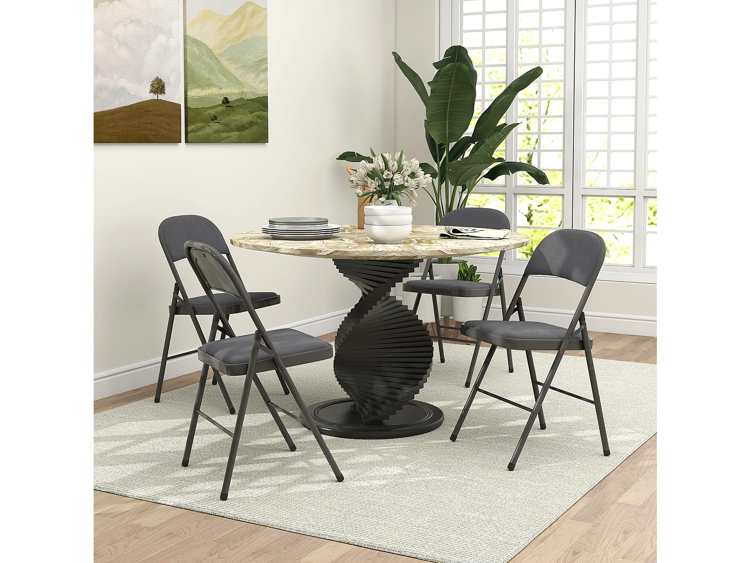 Lot de 4 chaises pliantes assise dossier rembourrés acier velours anthracite
