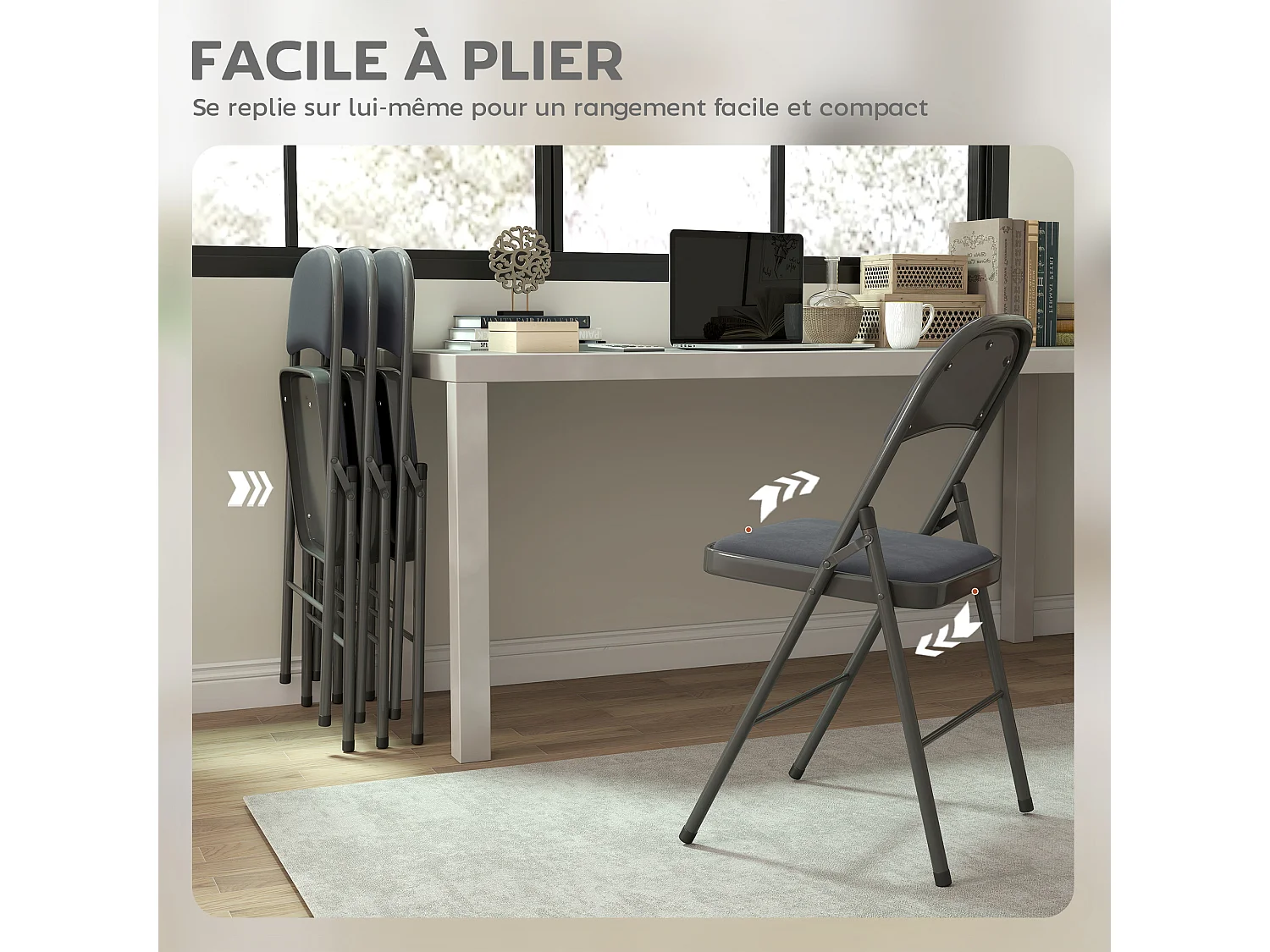 Lot de 4 chaises pliantes assise dossier rembourrés acier velours anthracite