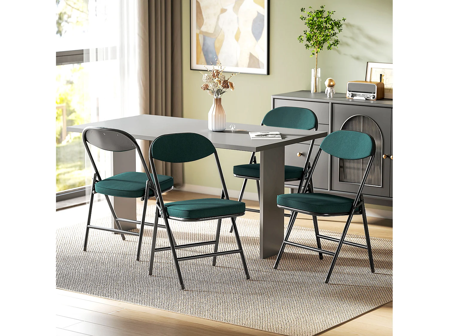 Lot de 4 chaises pliantes acier velours côtelé turquoise foncé