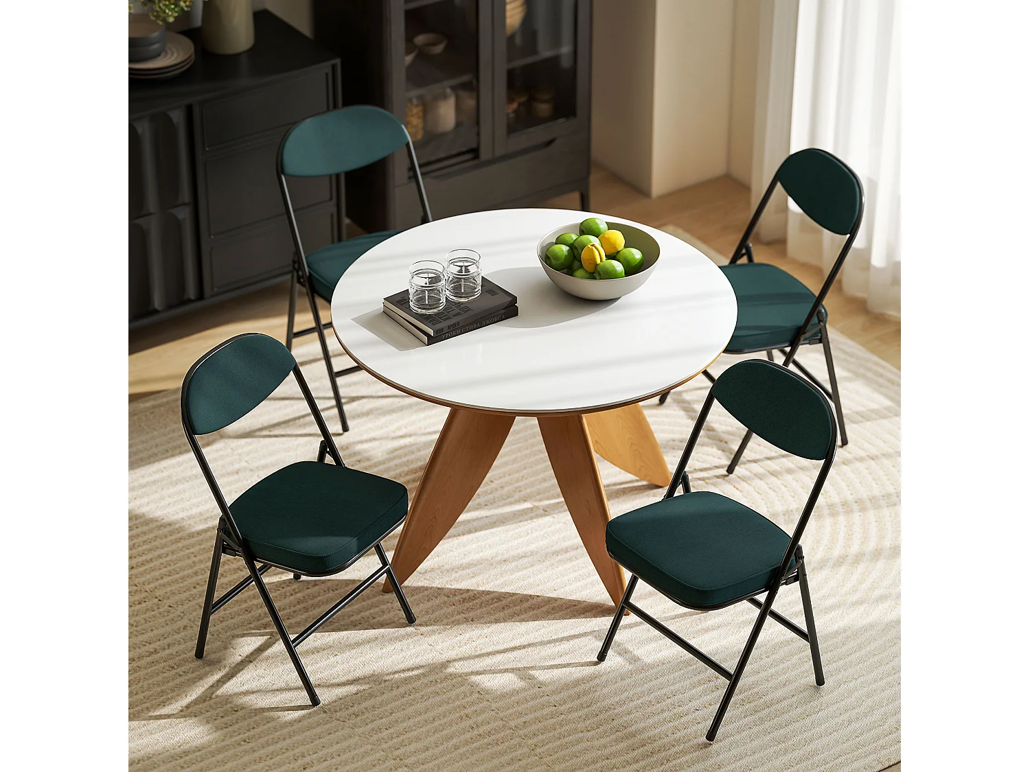 Lot de 4 chaises pliantes acier velours côtelé turquoise foncé