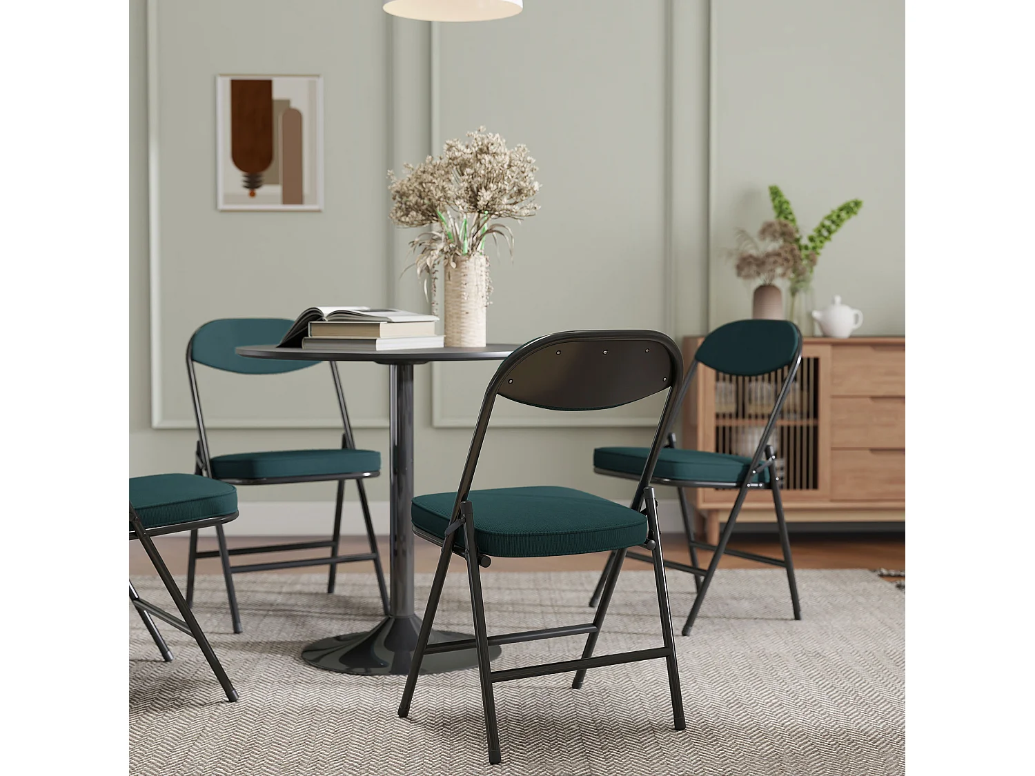 Lot de 4 chaises pliantes acier velours côtelé turquoise foncé