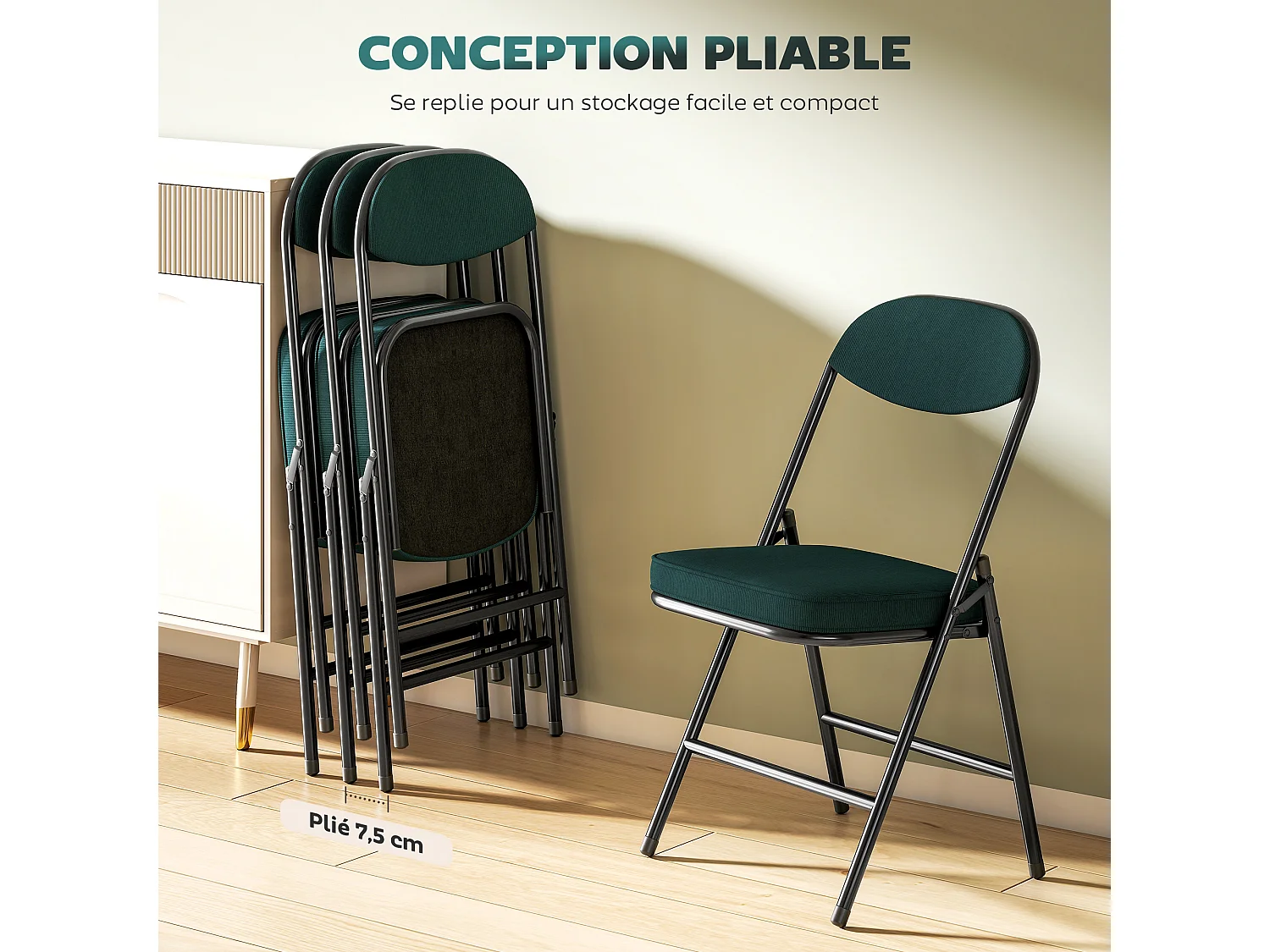 Lot de 4 chaises pliantes acier velours côtelé turquoise foncé