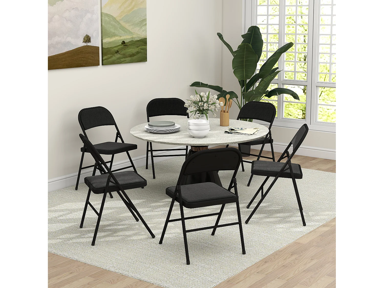 Lot de 6 chaises pliantes assise dossier rembourrés acier tissu toucher lin noir