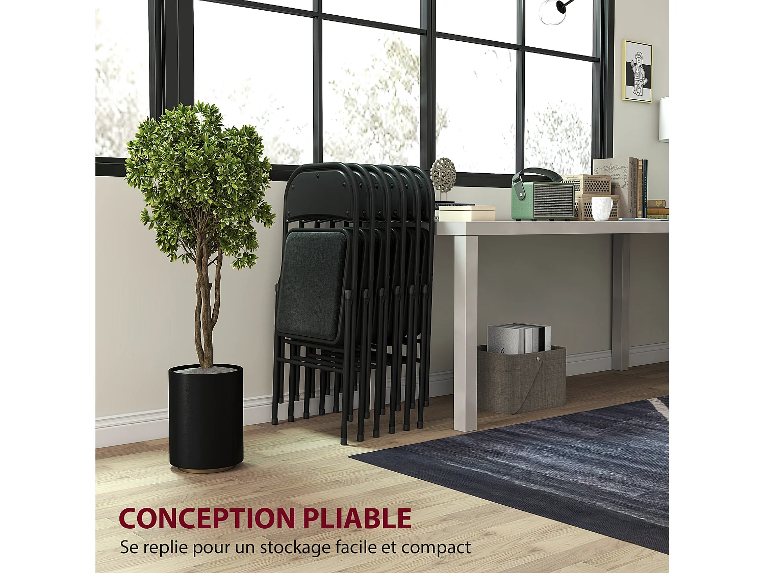Lot de 6 chaises pliantes assise dossier rembourrés acier tissu toucher lin noir