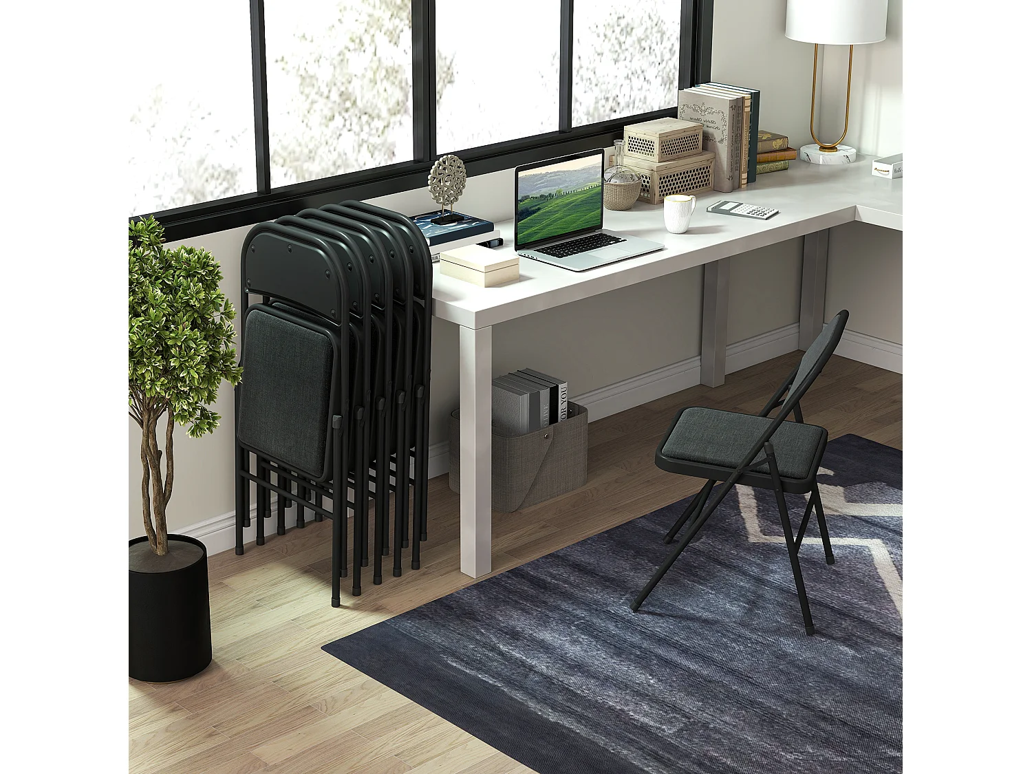 Lot de 6 chaises pliantes assise dossier rembourrés acier tissu toucher lin noir