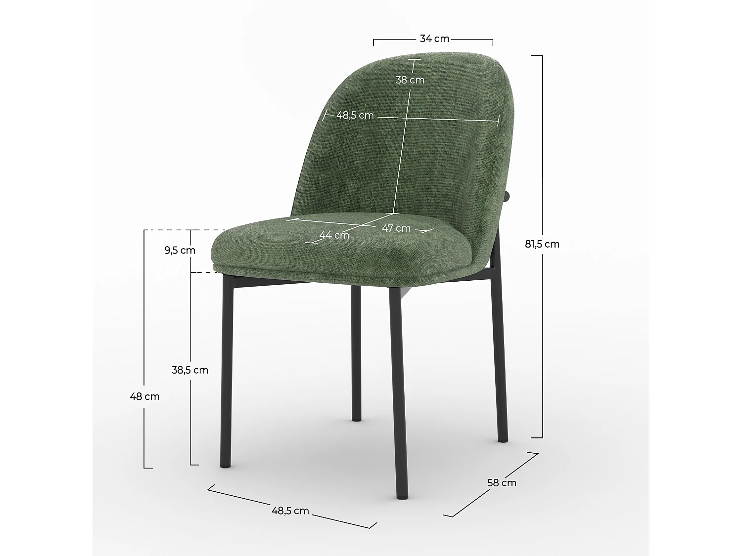 Lot de 2 chaises en tissu vert sapin et pieds métal noir - Noah