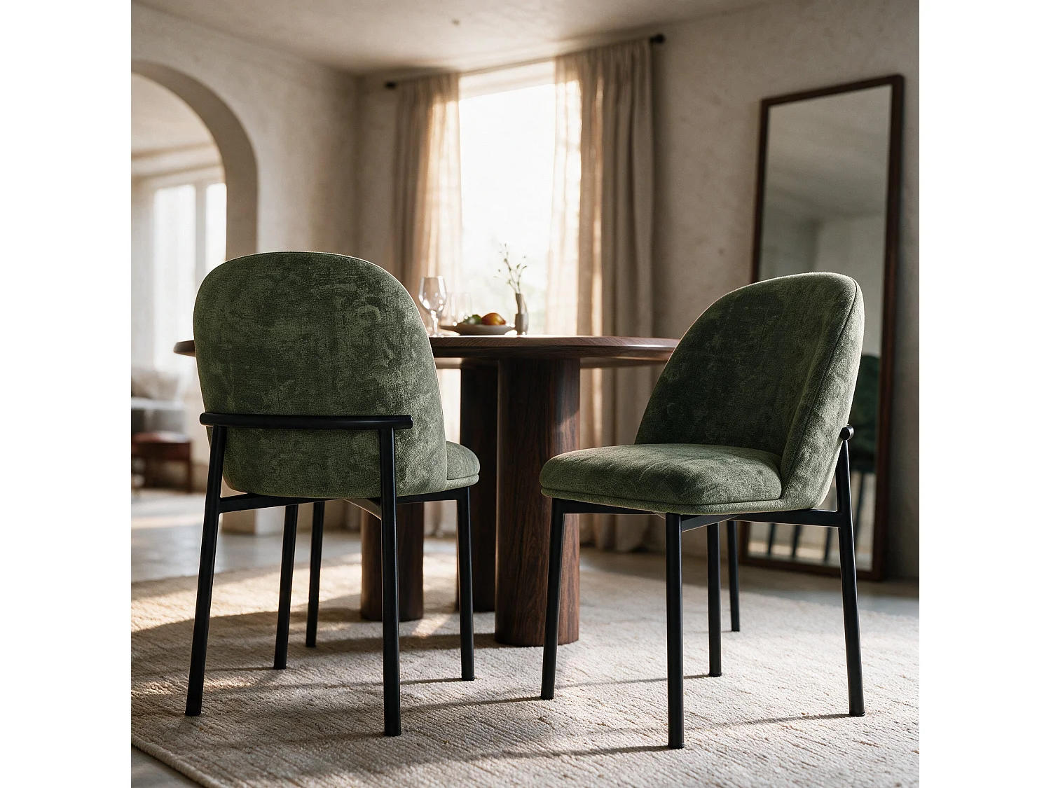 Set di 2 sedie in tessuto verde abete con gambe in metallo nero - Noah