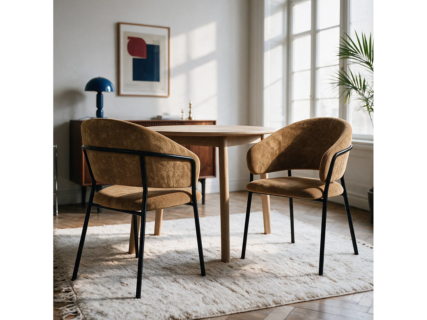 Lot de 2 chaises en tissu caramel et pieds en métal noir - Amaya