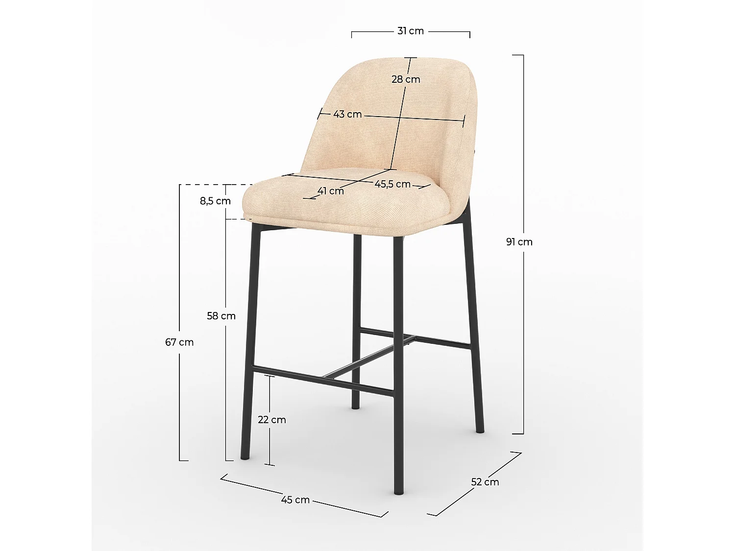 Lot de 2 chaises pour îlot central 67 cm en tissu beige - Noah