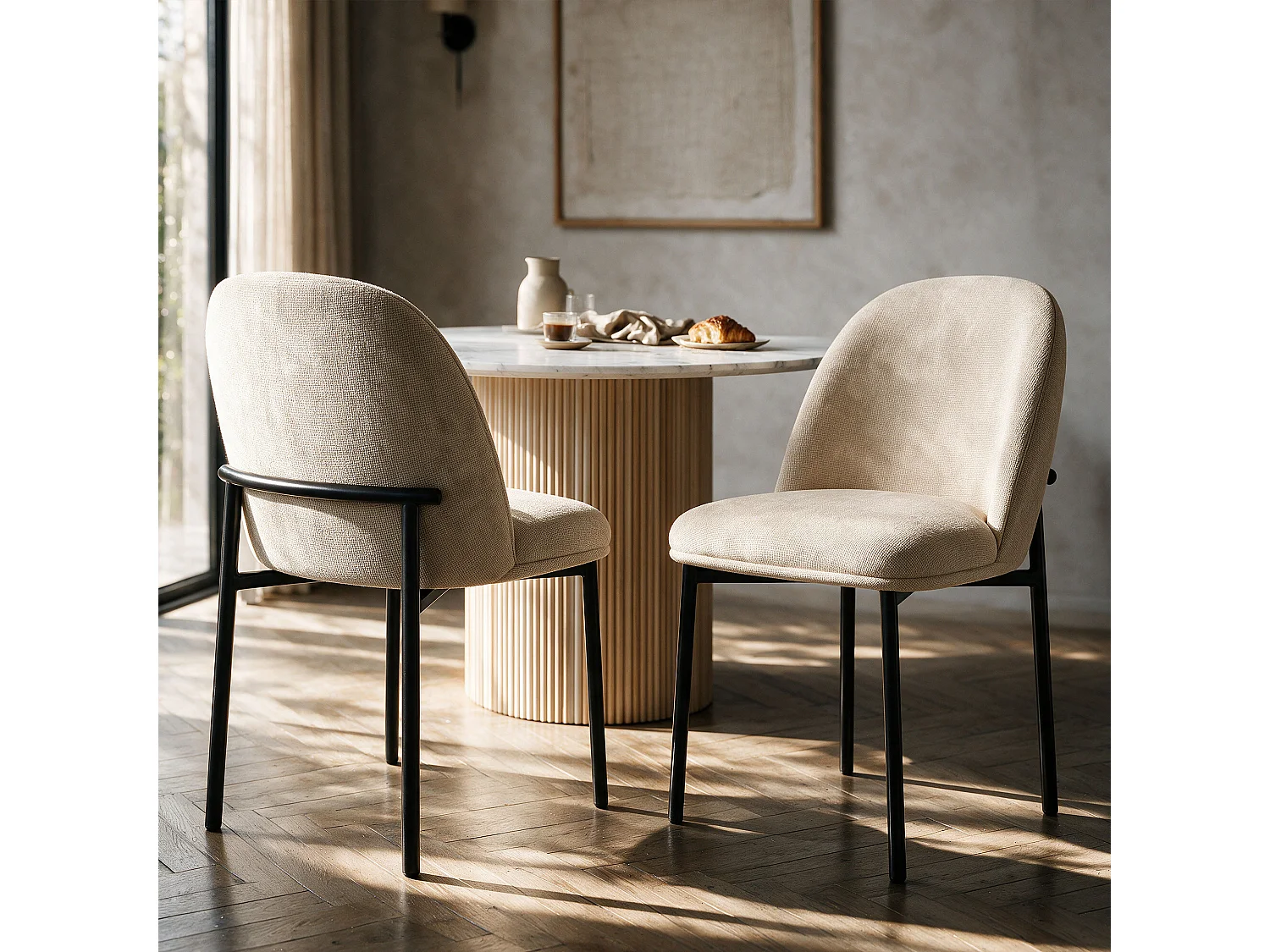 Set di 2 sedie in tessuto beige con gambe in metallo nero - Noah