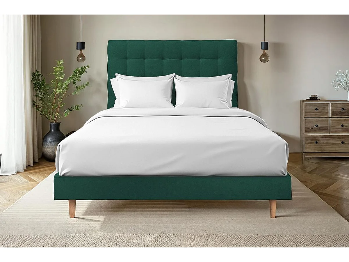 Lit 160x200cm avec tête de lit capitonnée velours et sommier tapissier vert - Hauteur totale : 29cm