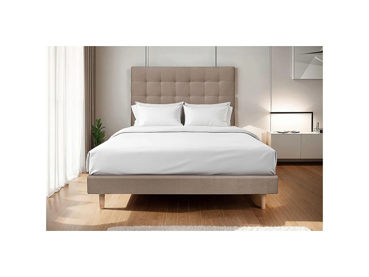 Lit 150x190cm avec tête de lit capitonnée velours et sommier tapissier taupe - Hauteur totale : 29cm