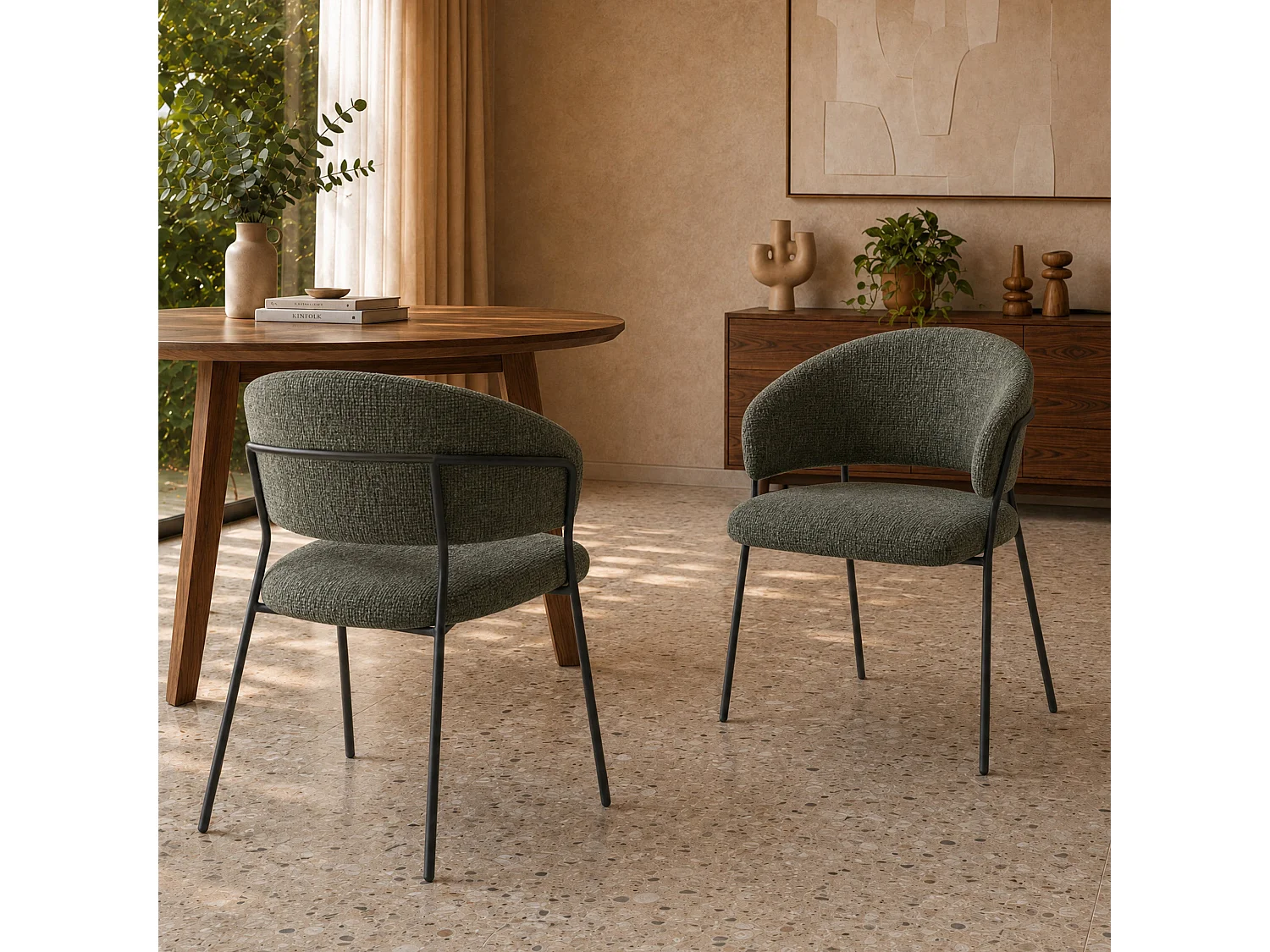 Lot de 2 chaises en tissu vert sapin et pieds en métal noir - Amaya