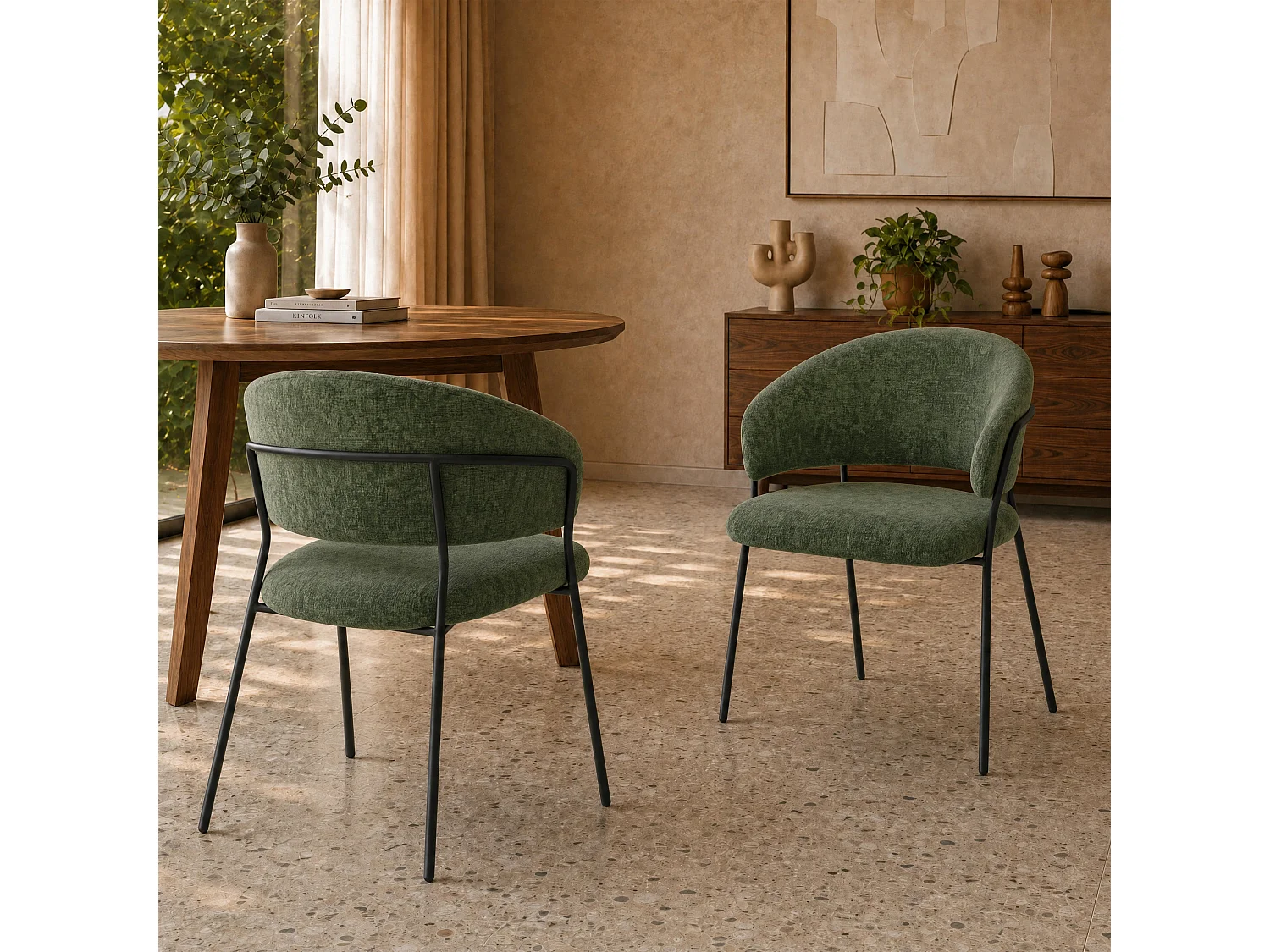 Lot de 2 chaises en tissu vert sapin et pieds en métal noir - Amaya