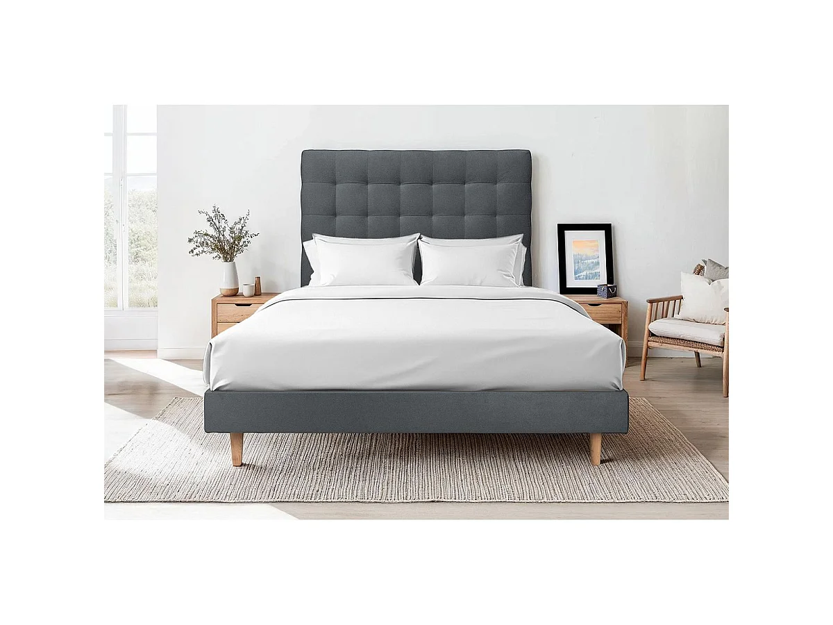 Lit 150x190cm avec tête de lit capitonnée velours et sommier tapissier gris anthracite - Hauteur totale : 29cm