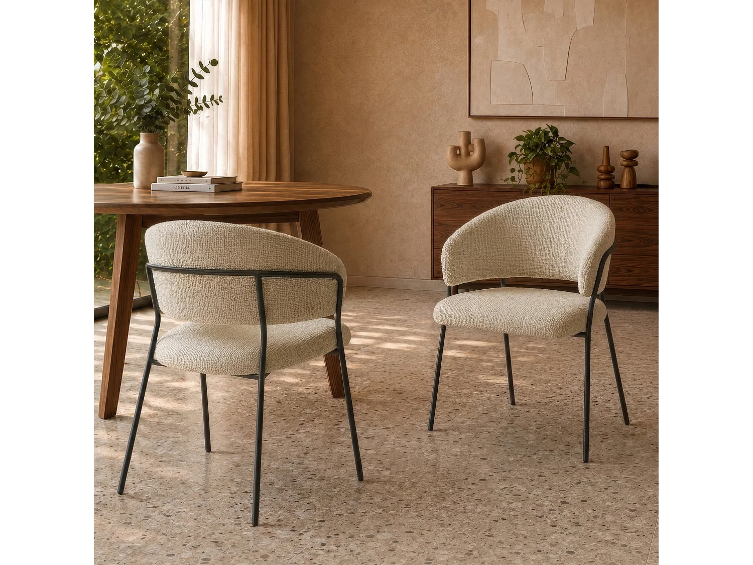 Lot de 2 chaises en tissu beige et pieds en métal noir  - Amaya