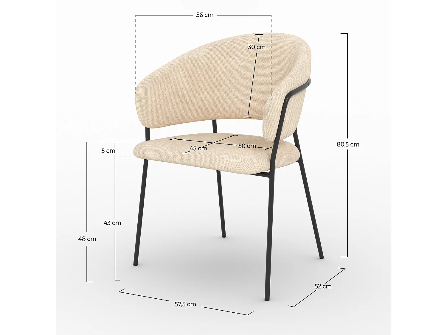 Lot de 2 chaises en tissu beige et pieds en métal noir  - Amaya