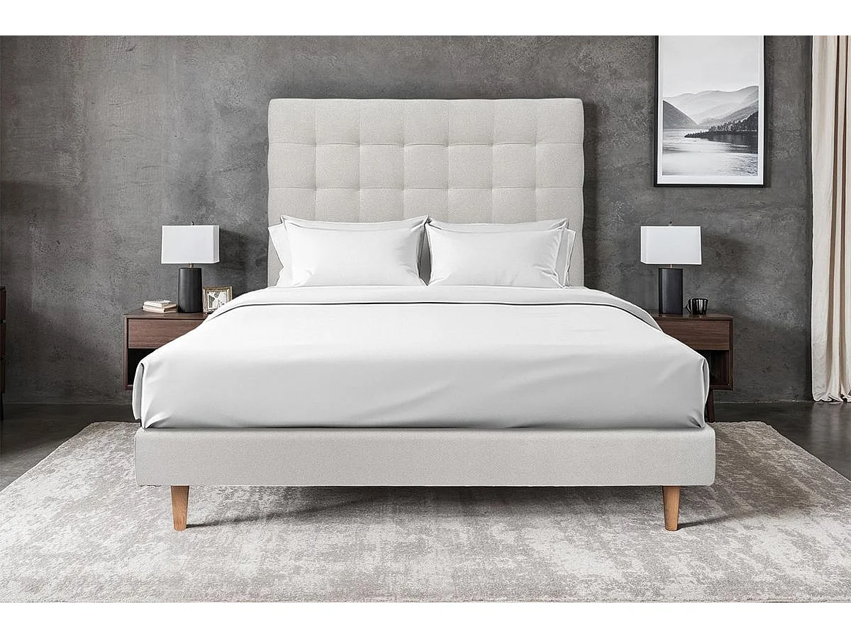 Lit 140x190cm avec tête de lit capitonnée velours et sommier tapissier gris clair - Hauteur totale : 29cm