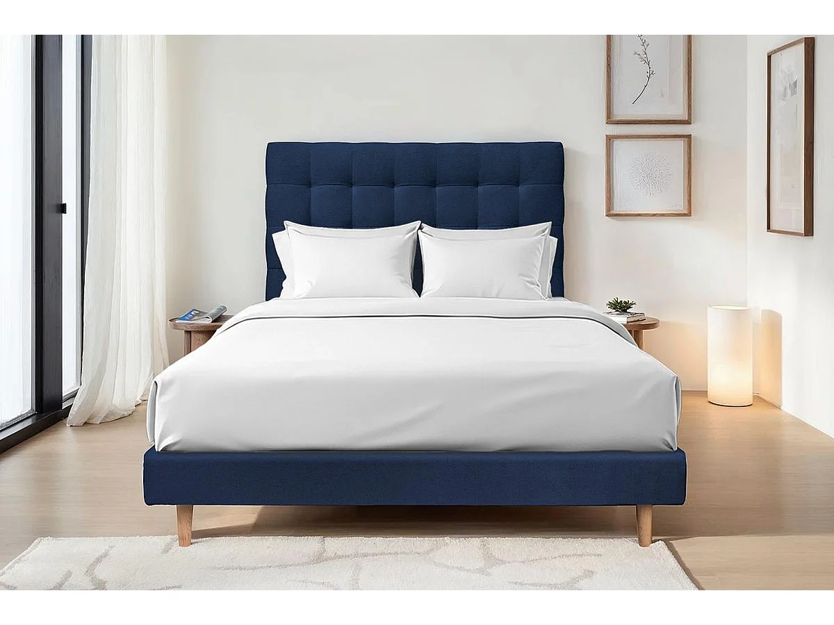 Lit 160x200cm avec tête de lit capitonnée velours et sommier tapissier Bleu - Hauteur totale : 29cm