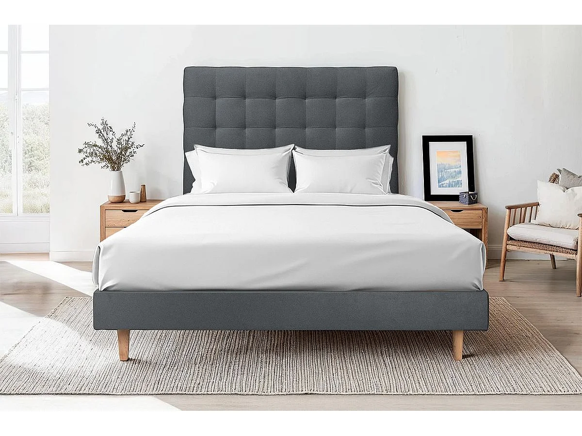 Lit 160x200cm avec tête de lit capitonnée velours et sommier tapissier gris anthracite - Hauteur totale : 29cm