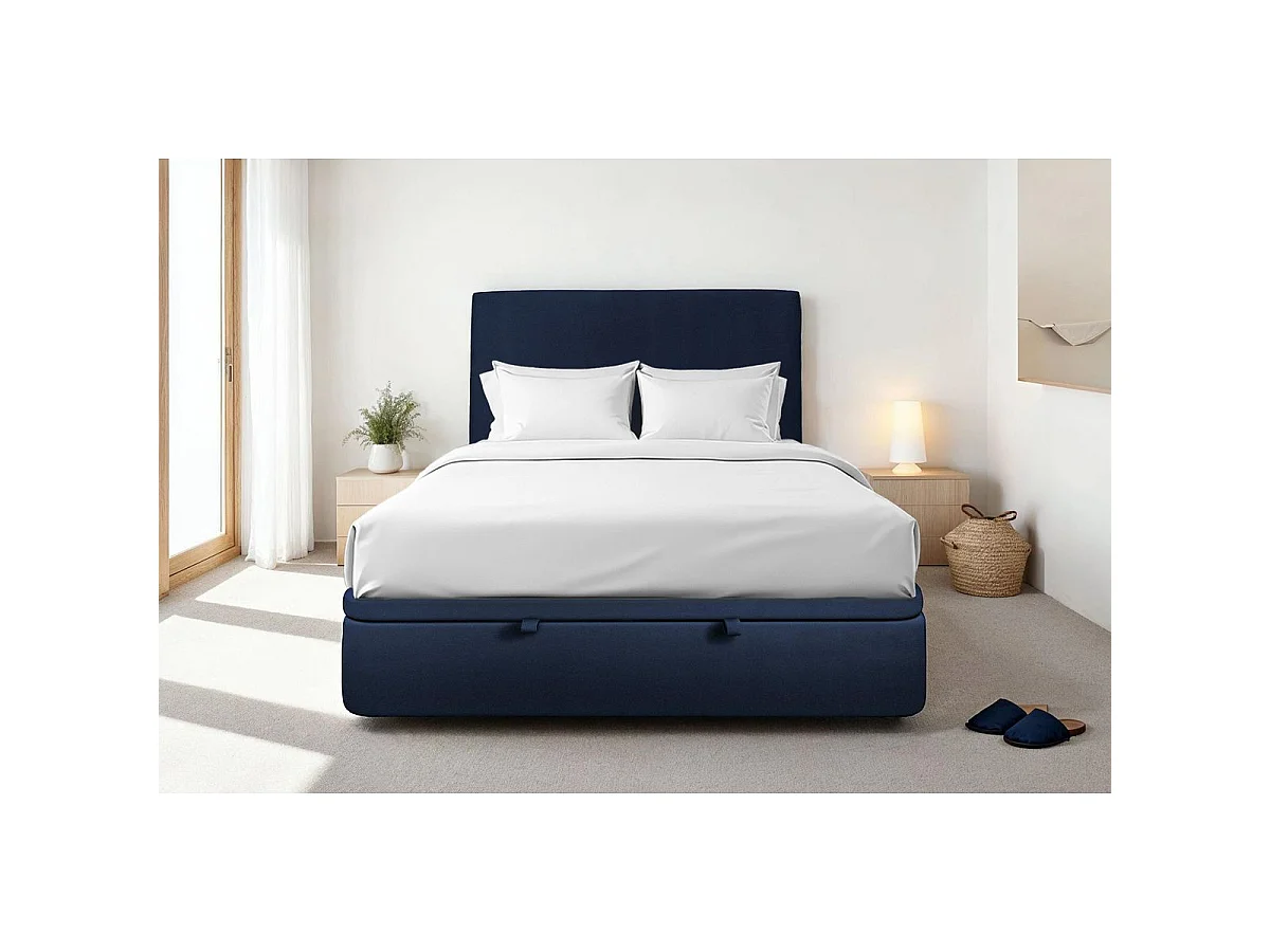 Lit coffre 160x200cm avec tête de lit tapissier Velours Bleu - Hauteur totale : 39cm