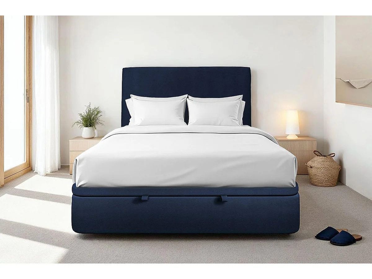Lit coffre 180x200cm avec tête de lit tapissier Velours Bleu - Hauteur totale : 39cm