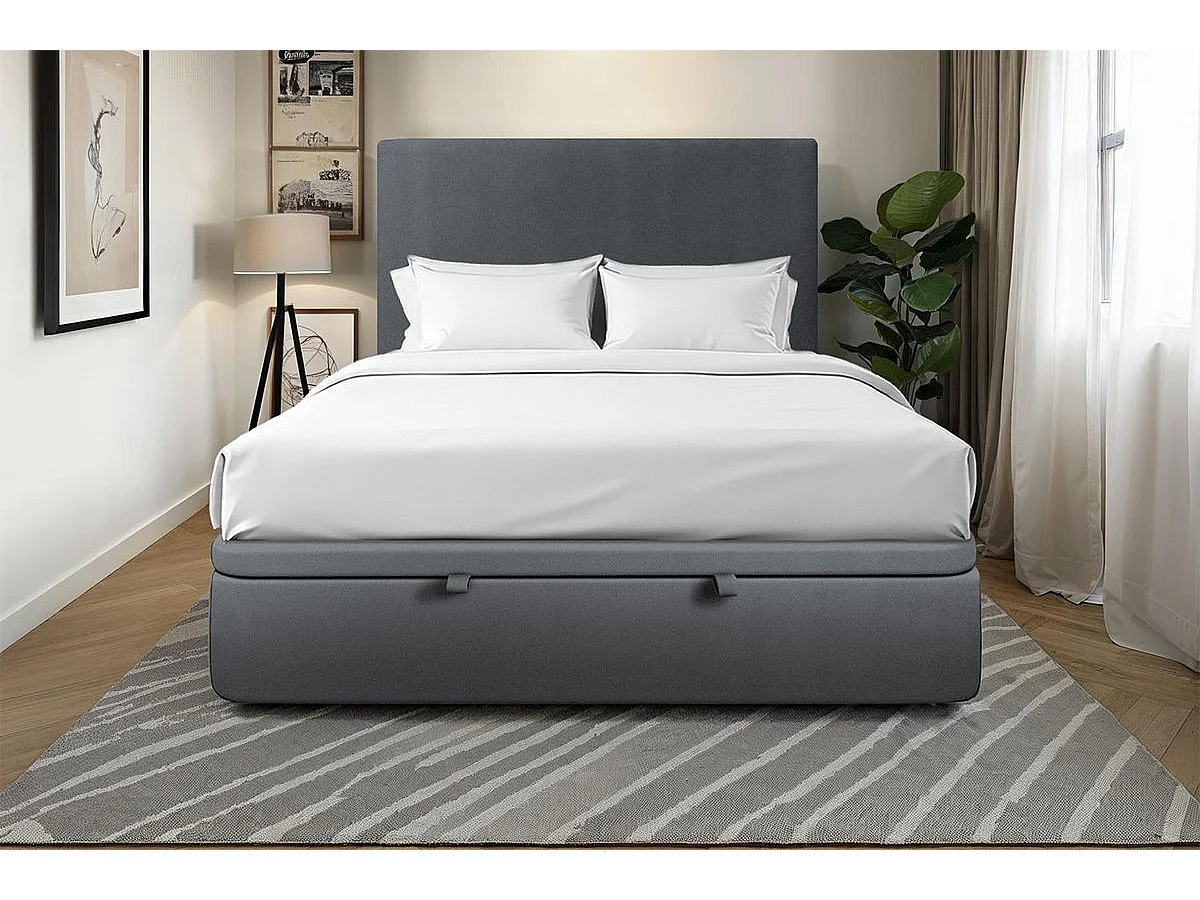 Lit coffre 140x200cm avec tête de lit tapissier Velours Gris anthracite - Hauteur totale : 39cm