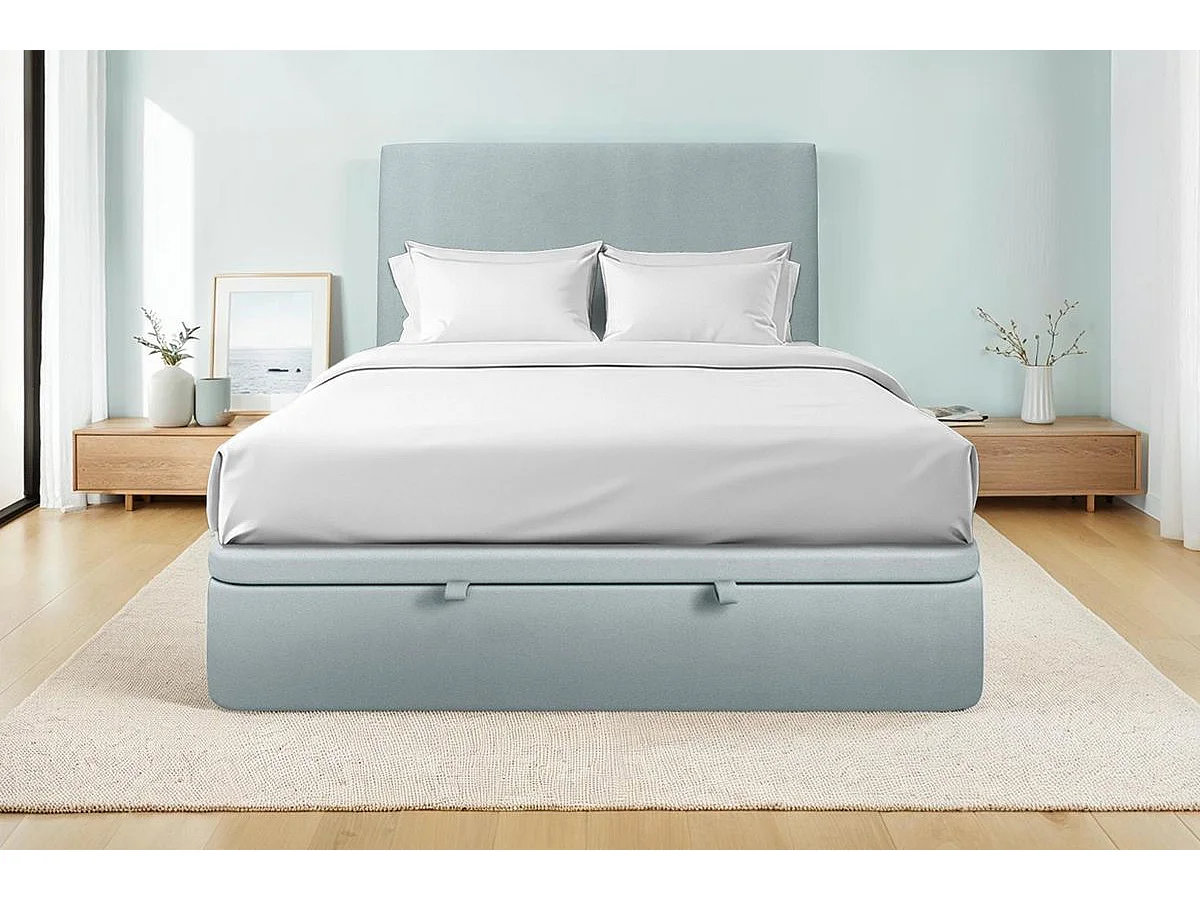 Lit coffre 140x190cm avec tête de lit tapissier Velours Gris bleuté - Hauteur totale : 39cm