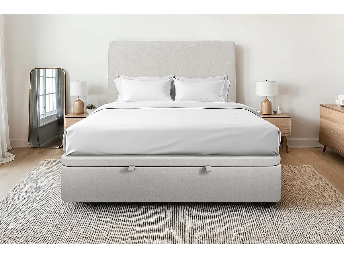 Lit coffre 140x200cm avec tête de lit tapissier Velours Gris clair - Hauteur totale : 39cm