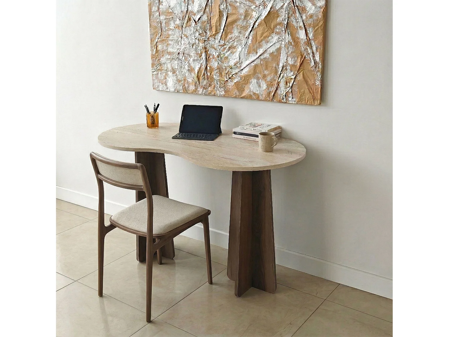 "Infini" Houten Bureau - 120 x 60 x 75 cm - Travertijn - Beige en Bruin - Met Opbergruimte