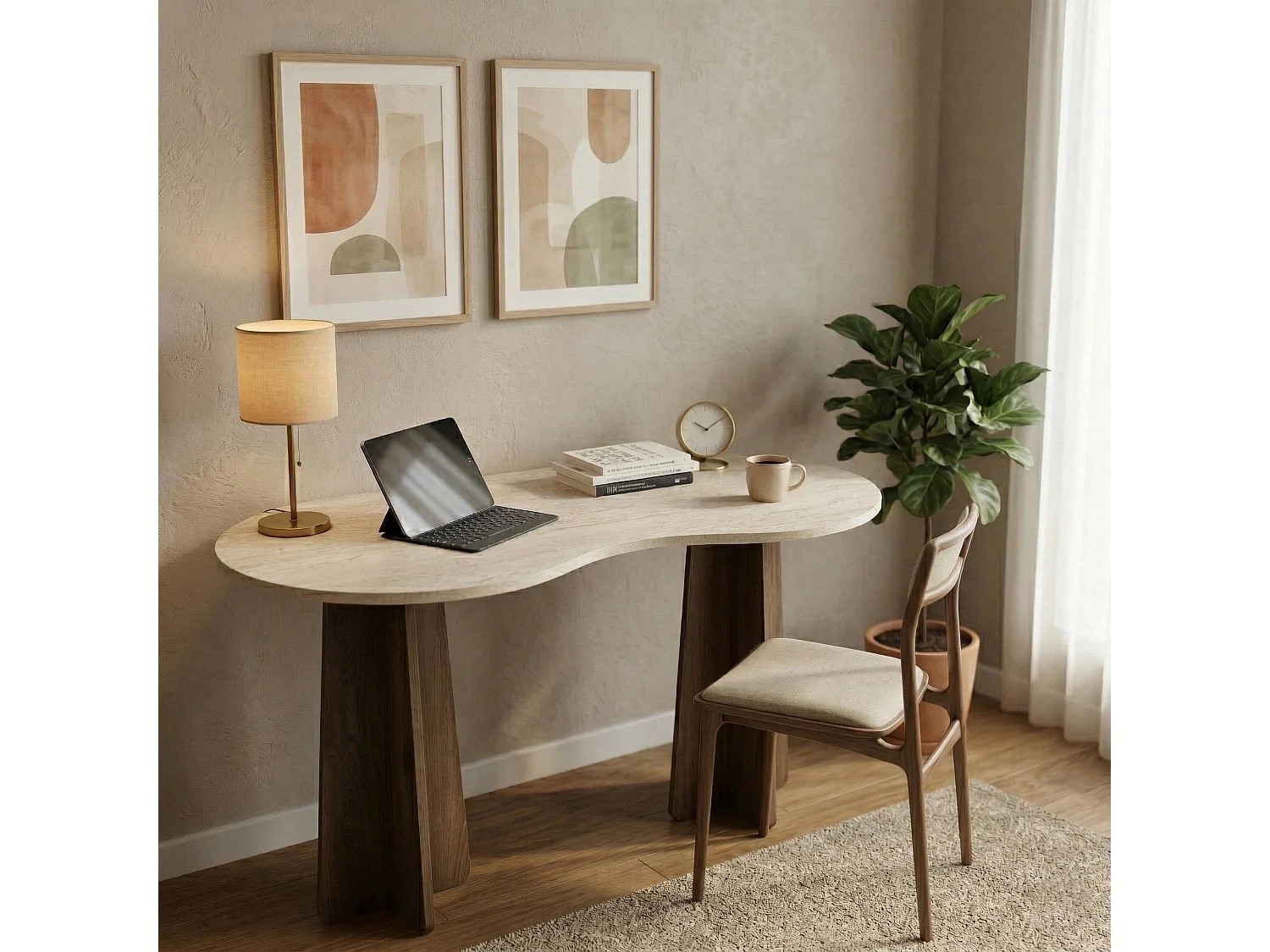 "Infini" Houten Bureau - 120 x 60 x 75 cm - Travertijn - Beige en Bruin - Met Opbergruimte