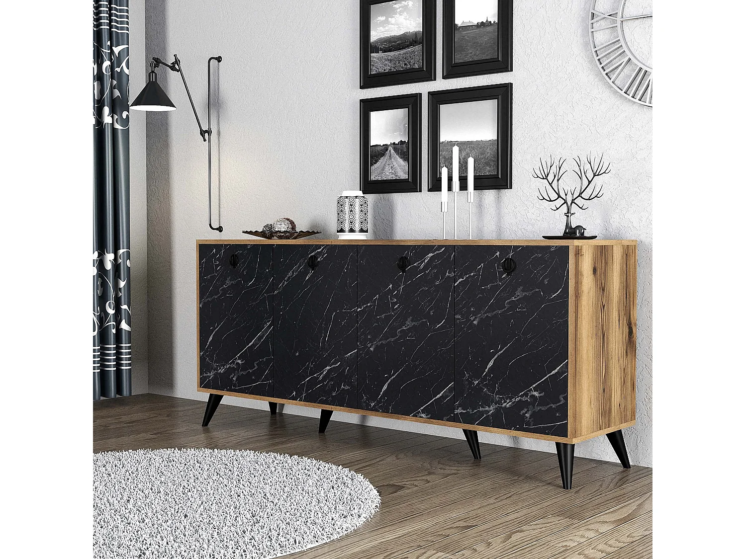 "Elite" Träsideskåp - Svart Marmoreffekt - 180 x 45 x 80 cm - 4 Dörrar