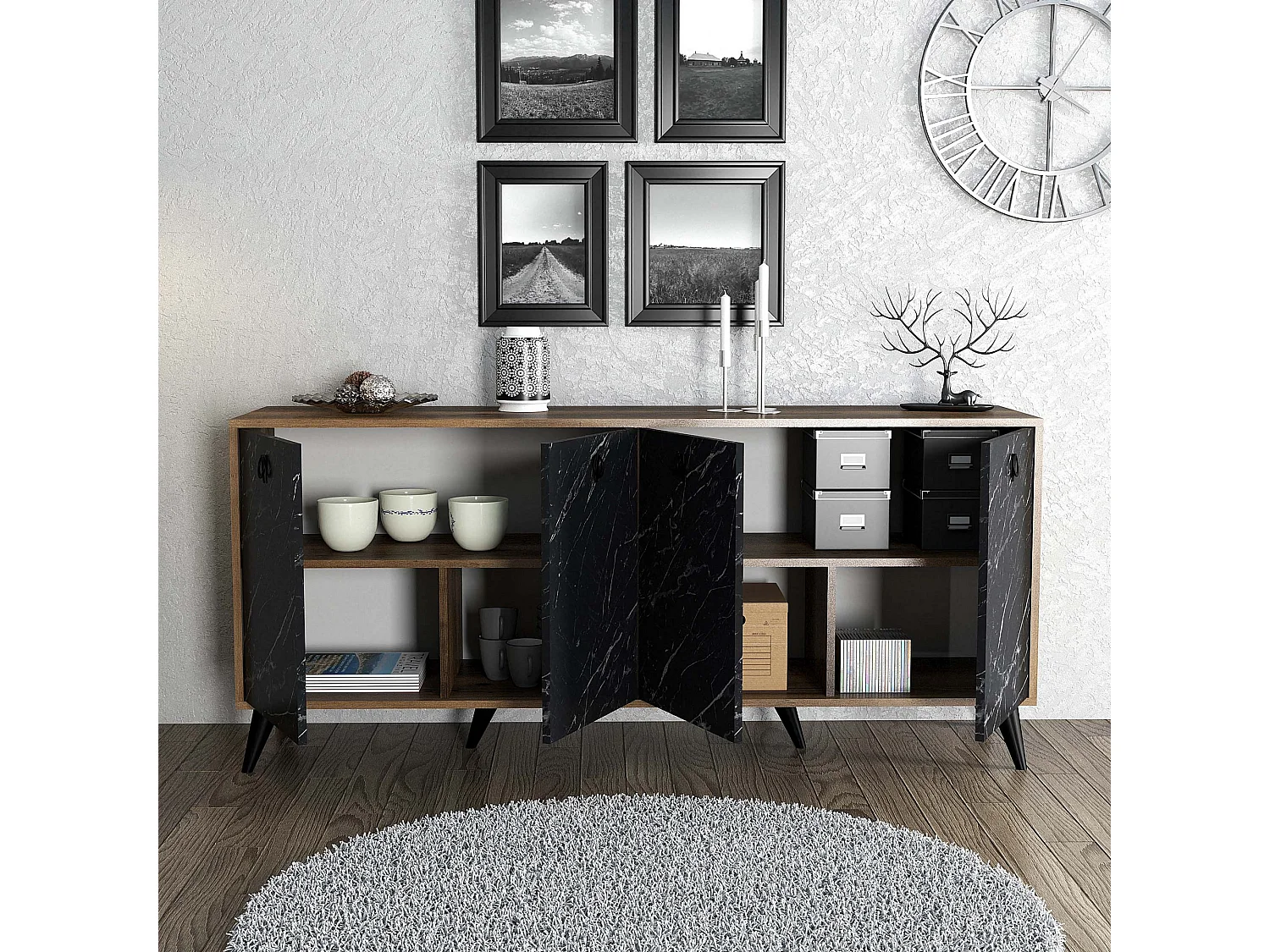 "Elite" Träsideskåp - Svart Marmoreffekt - 180 x 45 x 80 cm - 4 Dörrar