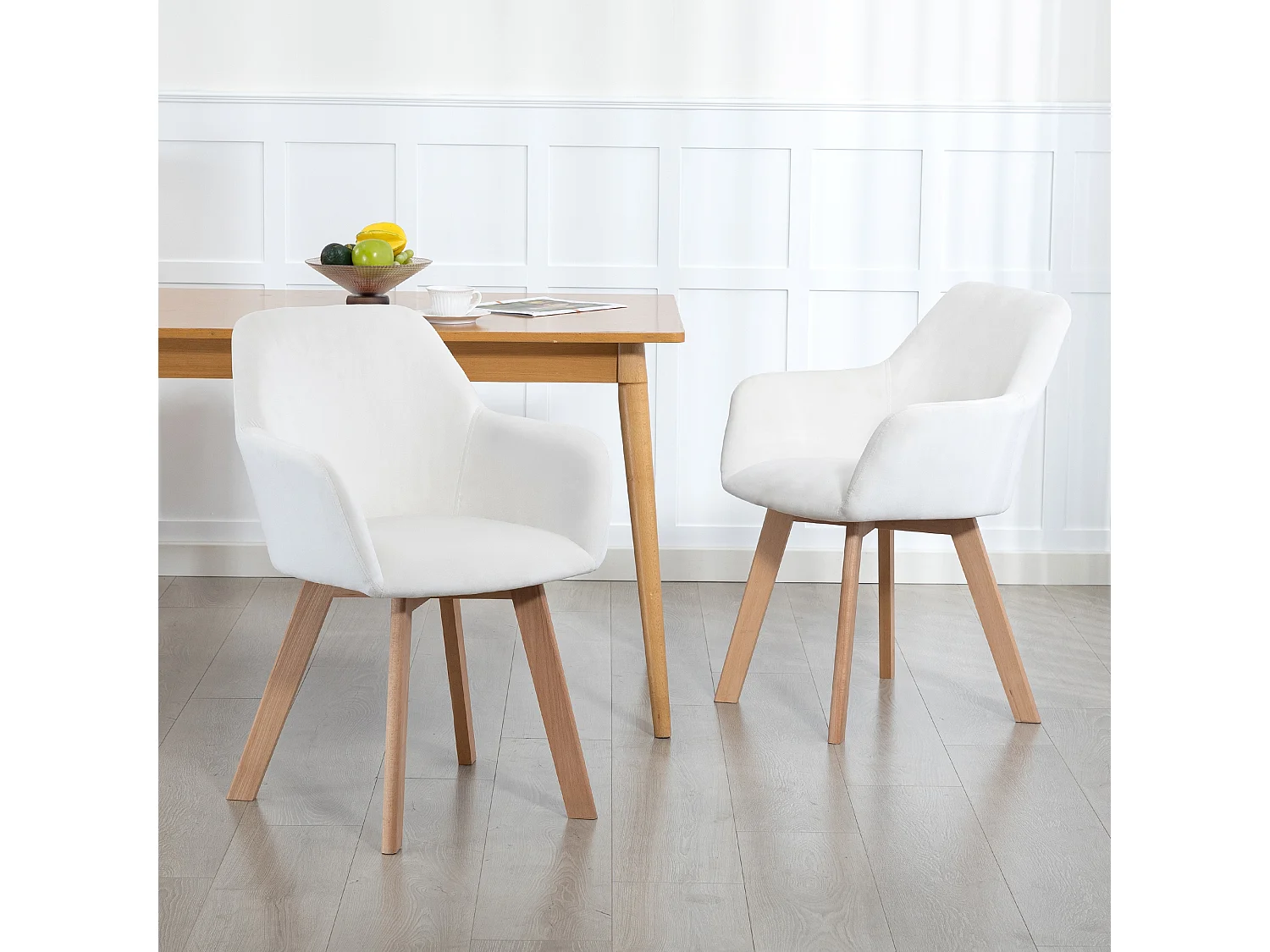 Chaises de visiteur design scandinave - lot de 2 chaises - pieds bois hévéa - assise dossier accoudoirs velours crème
