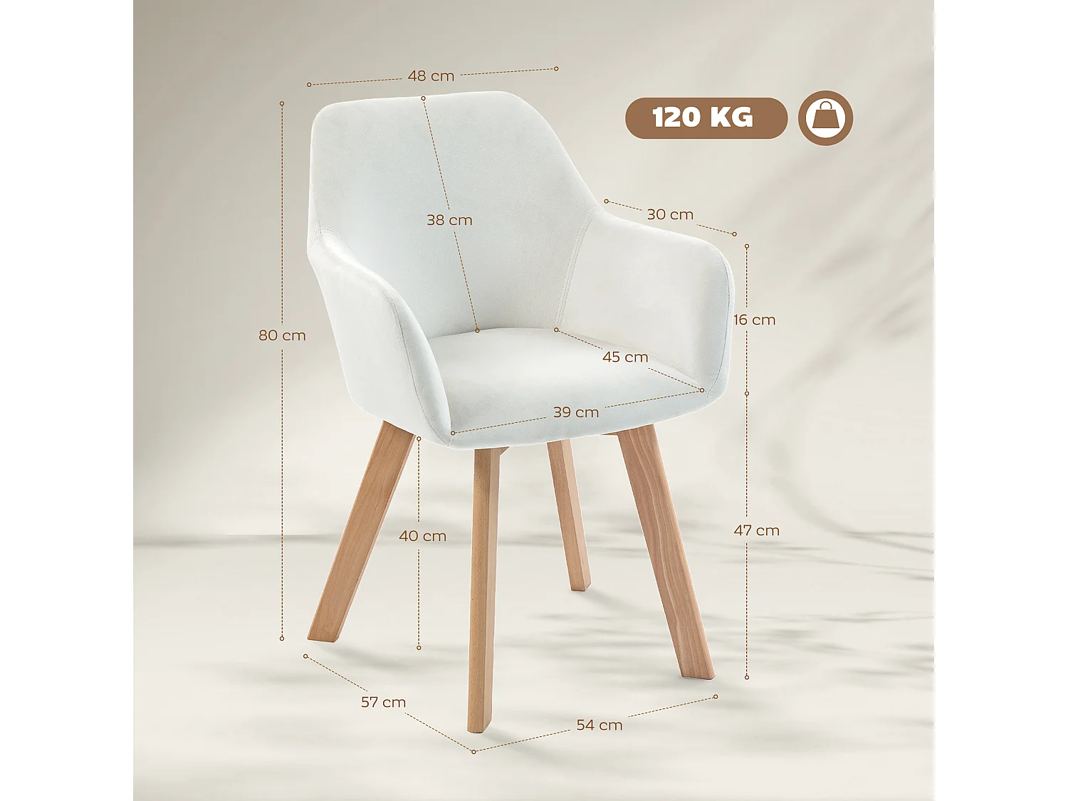 Chaises de visiteur design scandinave - lot de 2 chaises - pieds bois hévéa - assise dossier accoudoirs velours crème