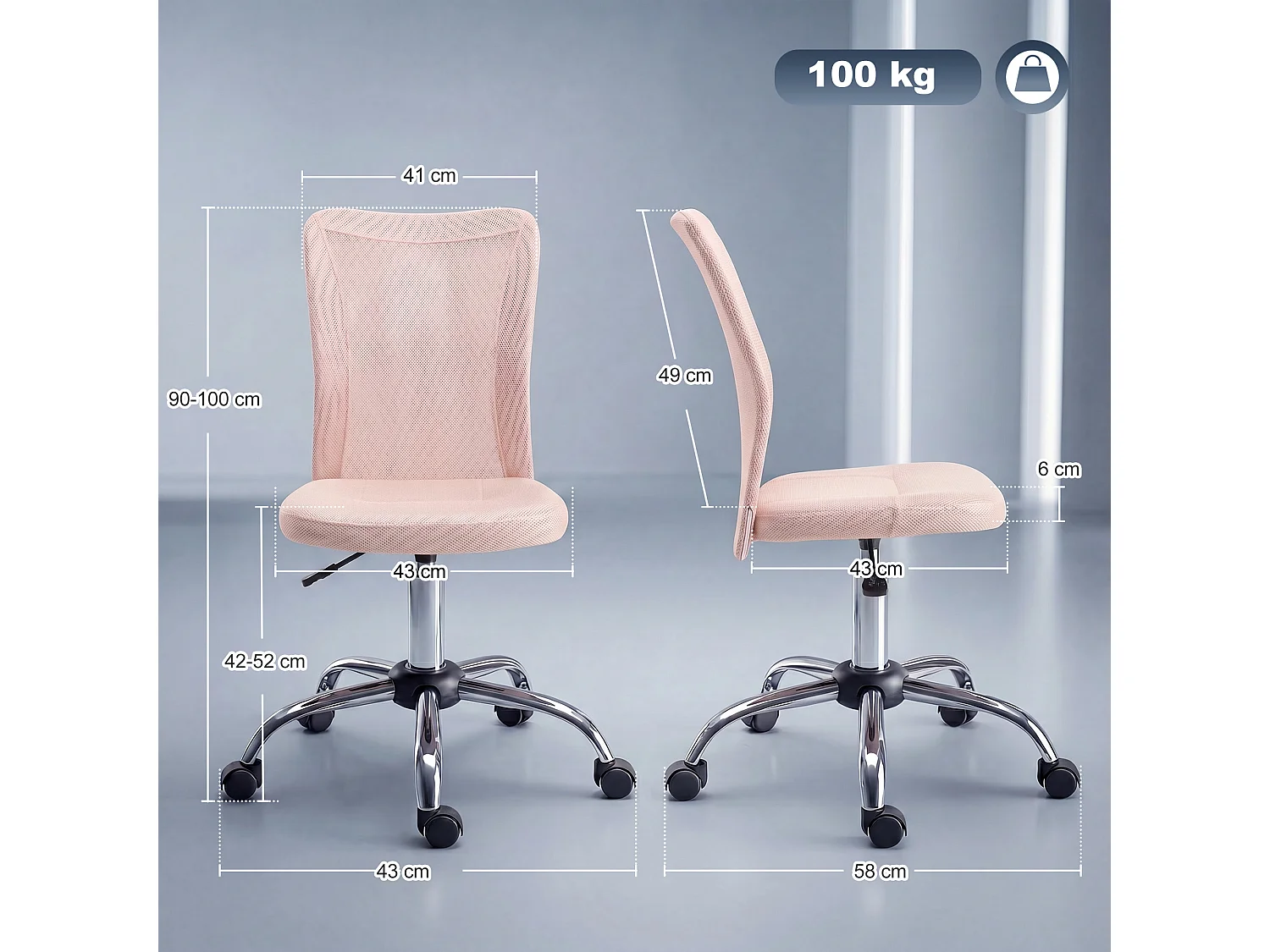 Chaise de bureau ergonomique hauteur réglable piètement chromé pivotant 360° revêtement rose