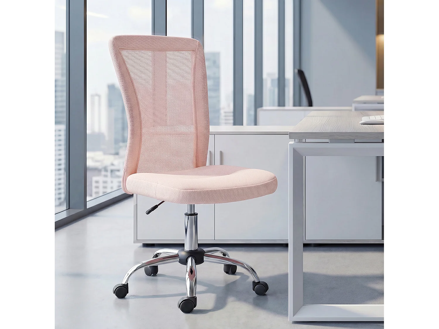 Chaise de bureau ergonomique hauteur réglable piètement chromé pivotant 360° revêtement rose