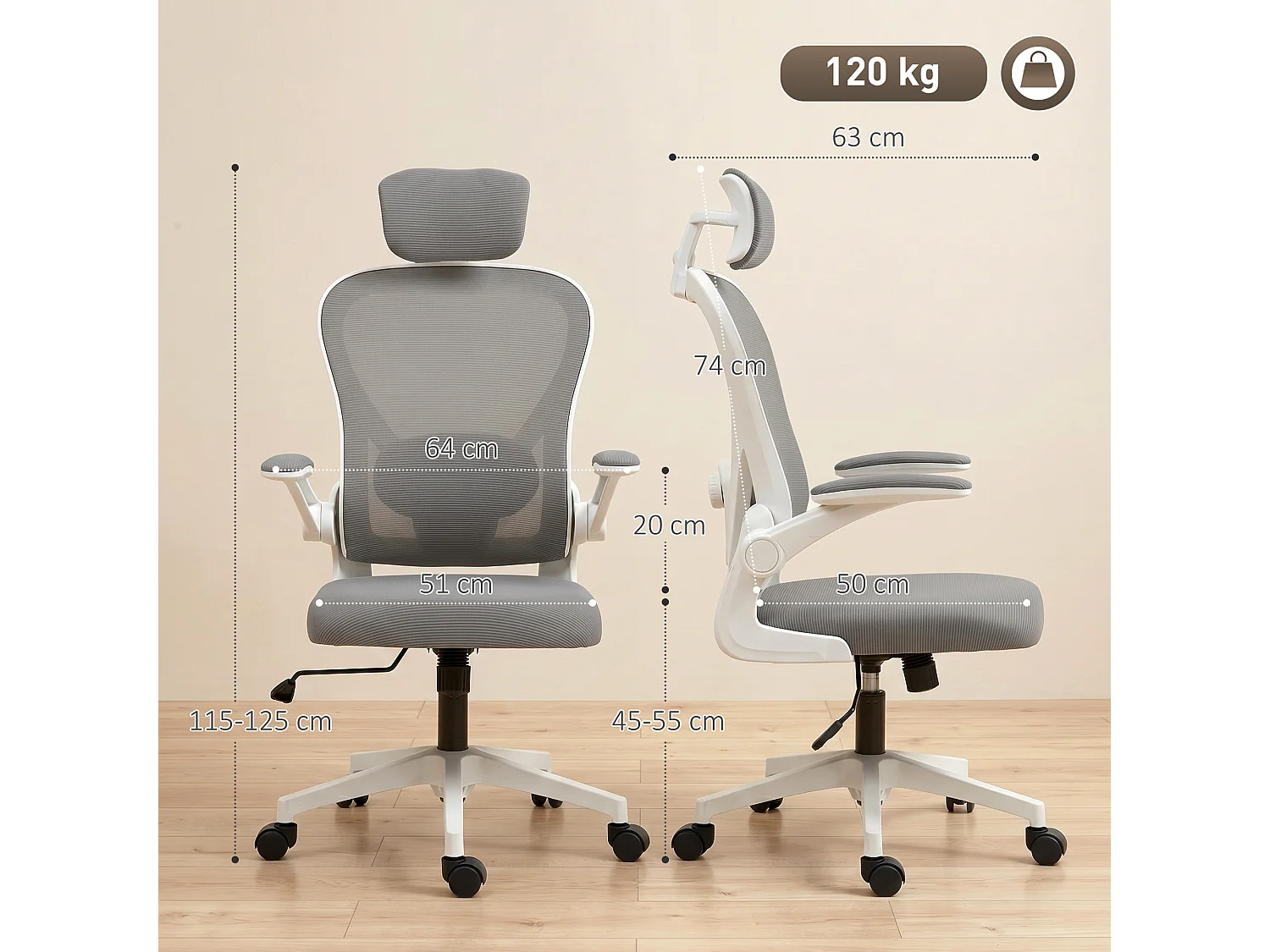 Chaise de bureau ergonomique inclinable réglable accoudoirs relevables maille résille gris